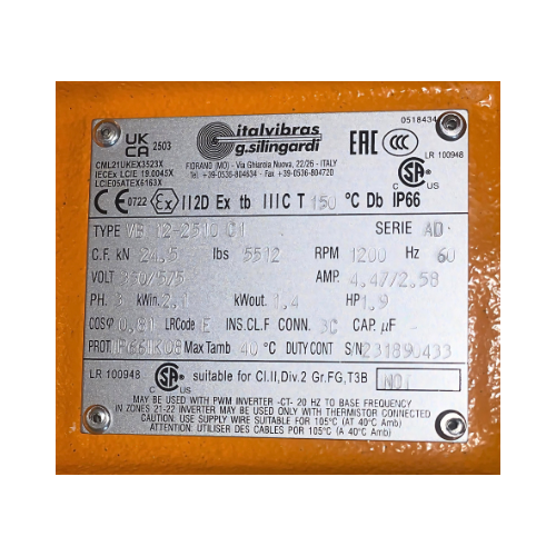 ItalVibras 2.5HP 1200 RPM 330/575V 3-Phase Dual Vibratory Motor