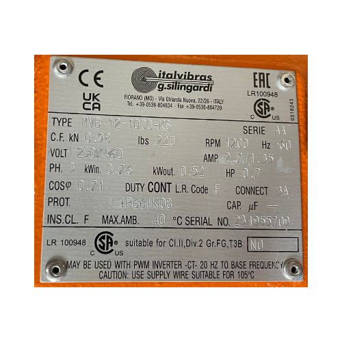 ItalVibras 0.7 HP 1200 RPM 230/460V 3-Phase Dual Voltage Vibratory Motor