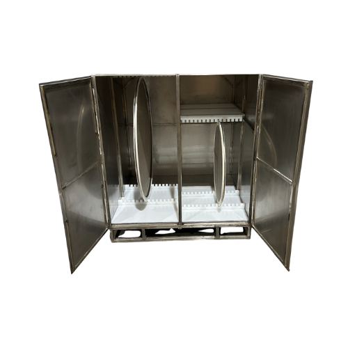 Stainless steel cylindrical container with a screen cabinet on a white background