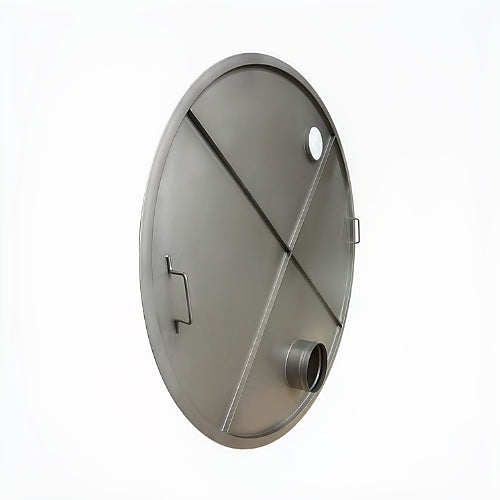 Metallic round component with various attachments on a white background