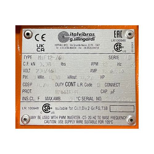ItalVibras 1/3HP 1200 RPM 230/460V 3-Phase Dual Vibratory Motor