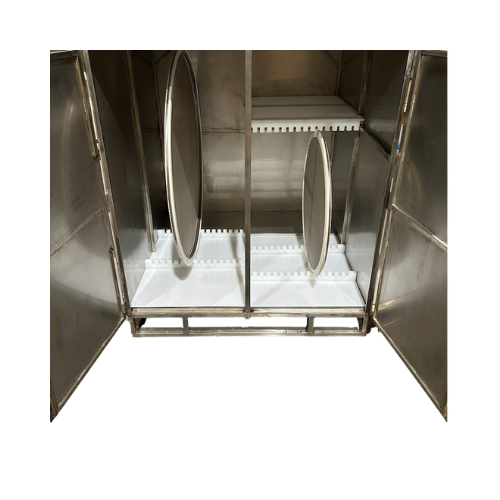 Stainless steel cylindrical container with a screen cabinet on a white background