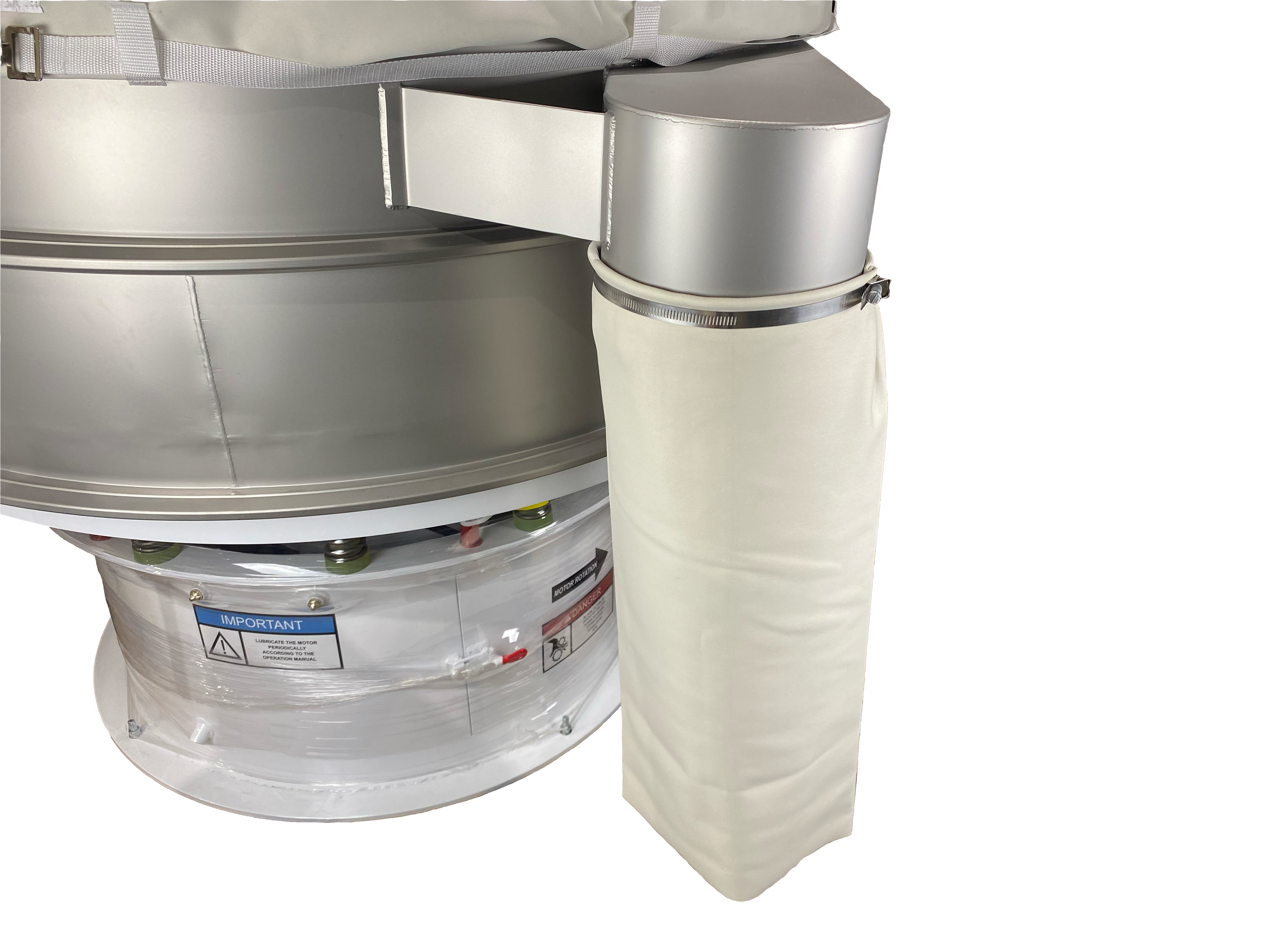 Rubber coated nylon tubing attached to out-spout of a vibratory separator to transfer material