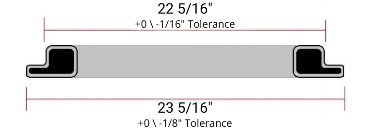 Cross-sectional diagram of 24-inch replacement screen frame showing 22 5/16-inch and 23 5/16-inch tolerances for drop-in fit to OEM screener housings