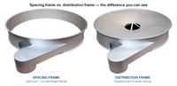 A spacing frame and a distribution frame side by side. The spacing frame is an open ring you can see straight through; the distribution frame has a sloped inner funnel falling to a center opening.