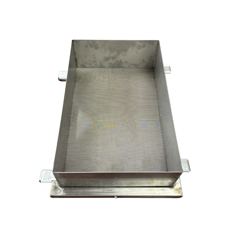 Rectangular basket frame with 4 fixed mounting tabs that hook over the tote’s rim, holding the frame suspended inside the tote while material is poured in.