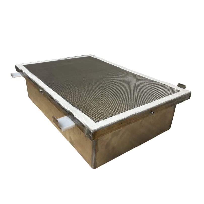 Food-grade 304 Stainless Steel frame (1" square tube) and mesh, finished with a food-grade epoxy coating.