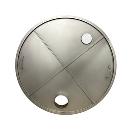 Round metallic object with cut-out sections on a white background