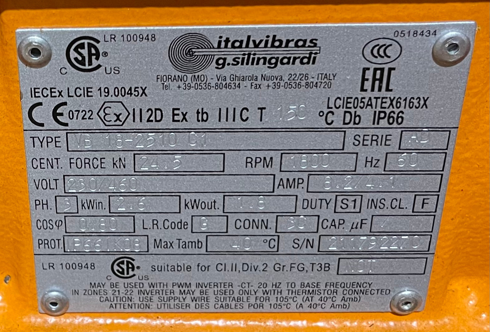 ItalVibras 2.5HP 1800 RPM 230/460V 3-Phase Dual Vibratory Motor