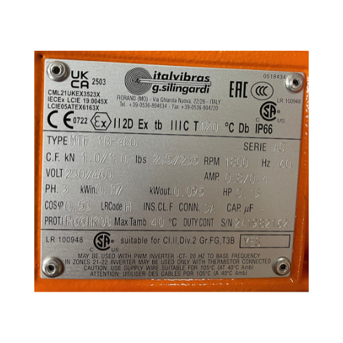 ItalVibras 1/8HP 1800 RPM 230/460V 3-Phase Dual Vibratory Motor