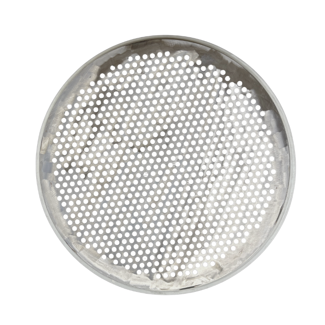 A perforated plate screen — also called a punch plate screen — is a round screening surface cut from solid stainless steel sheet, then welded to a standard screen ring with a gasket