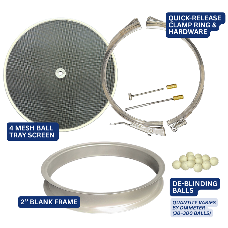 This Ball Tray Kit comes with all of the necessary components - 4 mesh round screen, 2-inch blank frame, ClampCo quick-release clamp ring & hardware, and de-blinding balls.