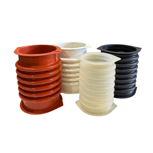 Connector boots for round vibratory screeners made from FDA-approved, food-safe, and flexible materials including natural rubber, EPDM, neoprene