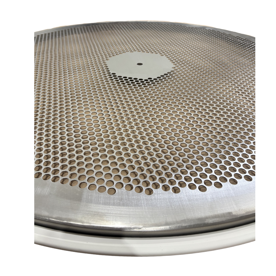 Up close view of our perforated plate screen on a screen ring, with a screen gasket