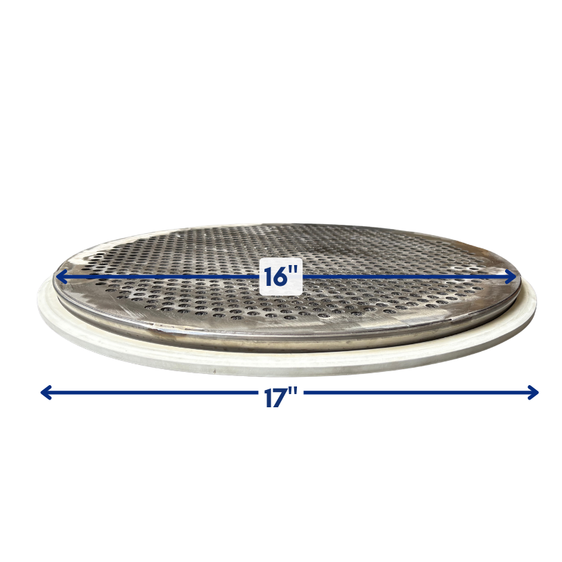 Diagram showing 18-inch perforated plate screen frame showing 16-inch and 17-inch tolerances for drop-in fit to OEM screener housings