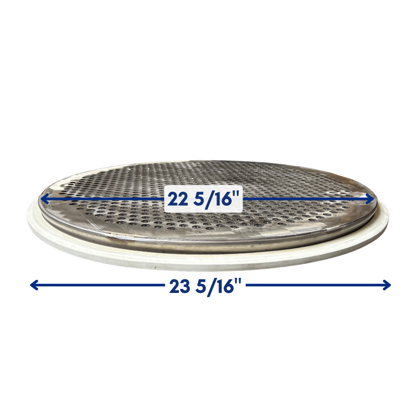Diagram of 24-inch perforated plate screen frame showing 22 5/16-inch and 23 5/16-inch tolerances for drop-in fit to OEM screener housings
