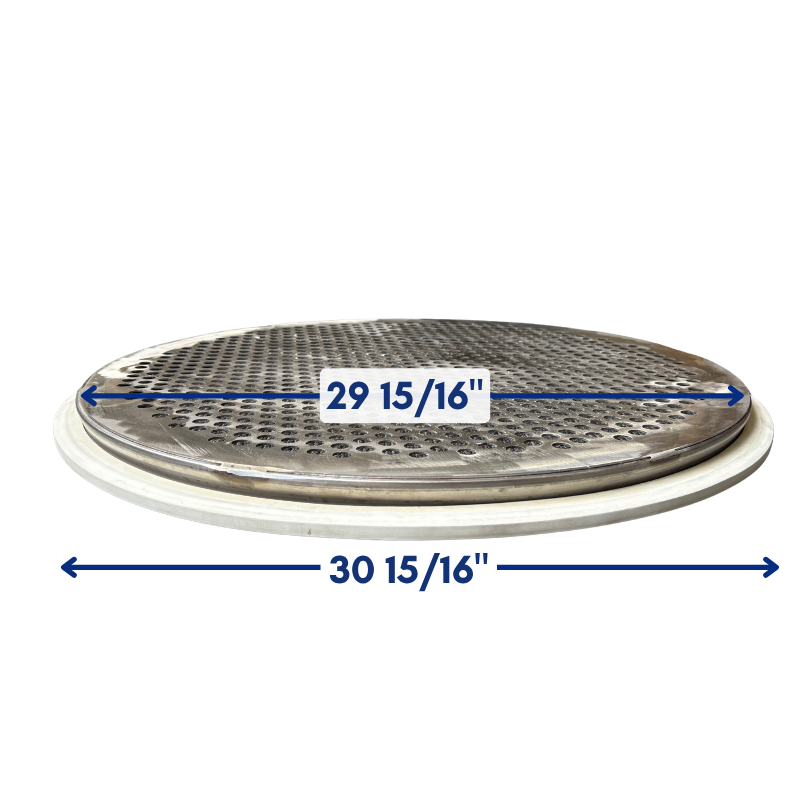 Diagram of 30-inch perforated plate screen frame showing 29 15/16-inch and 30 15/16-inch tolerances for drop-in fit to OEM screener housings