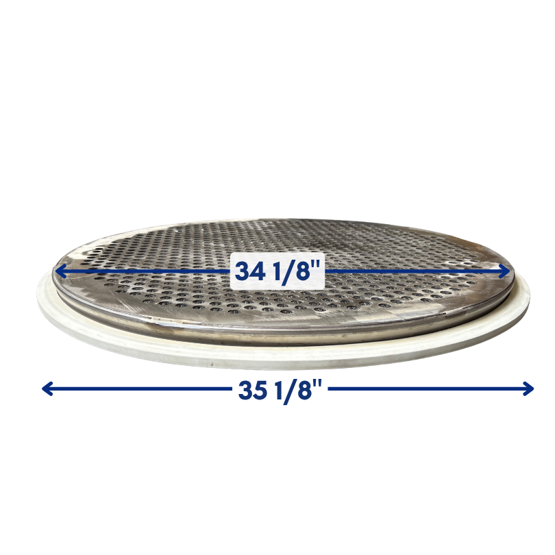 Diagram of 36-inch perforated plate screen frame showing 34 1/8-inch and 35 1/8-inch tolerances for drop-in fit to OEM screener housings