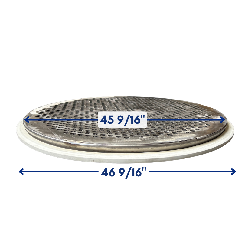 Diagram of 48-inch replacement screen frame showing 45 9/16-inch and 46 9/16-inch tolerances for drop-in fit to OEM screener housings