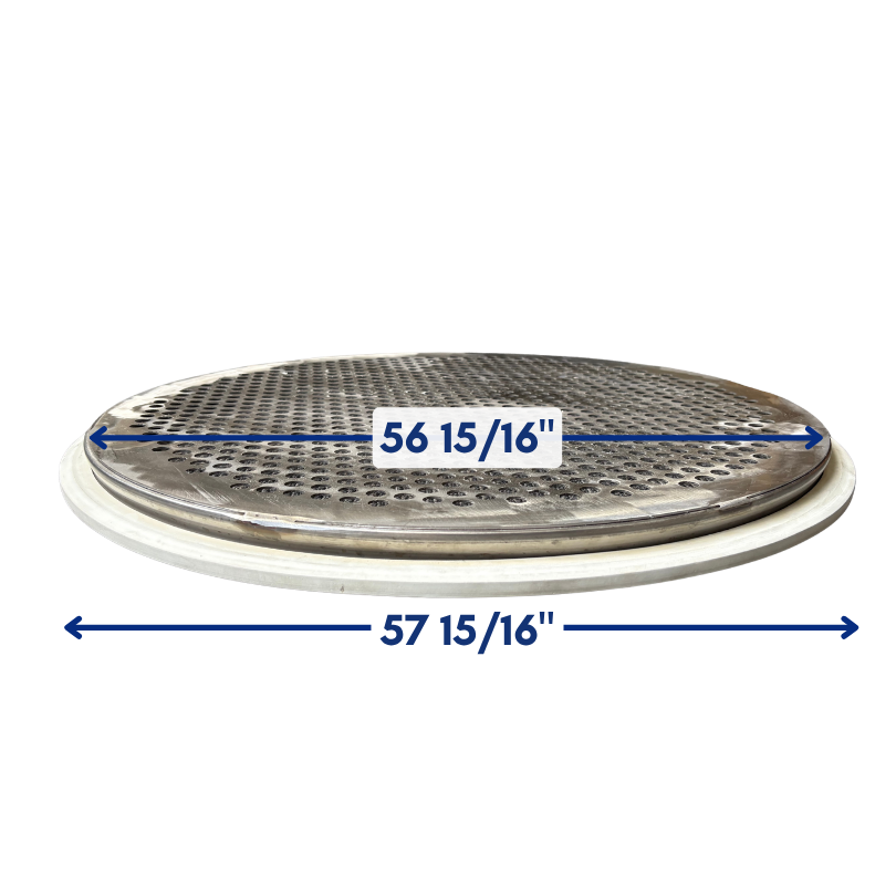 Diagram of 60-inch perforated plate screen frame showing 56 15/16-inch and 57 15/16-inch tolerances for drop-in fit to OEM screener housings