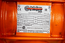 Load image into Gallery viewer, photo of Ital Vibras 1/3 HP vibratory motor and the metal certification plate