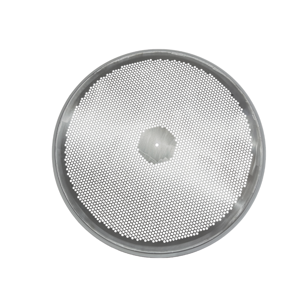 Straight on view of our perforated plate screen, showing the increased amount of holes needed for this application