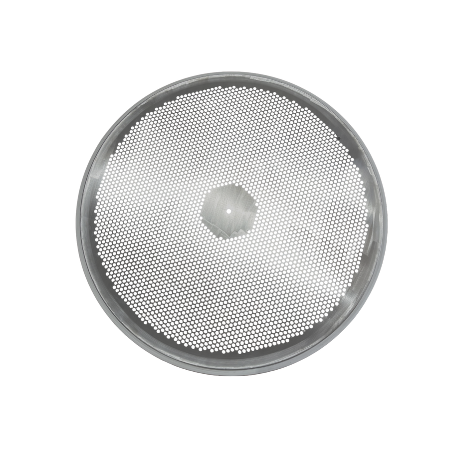 Straight on view of our perforated plate screen, showing the increased amount of holes needed for this application