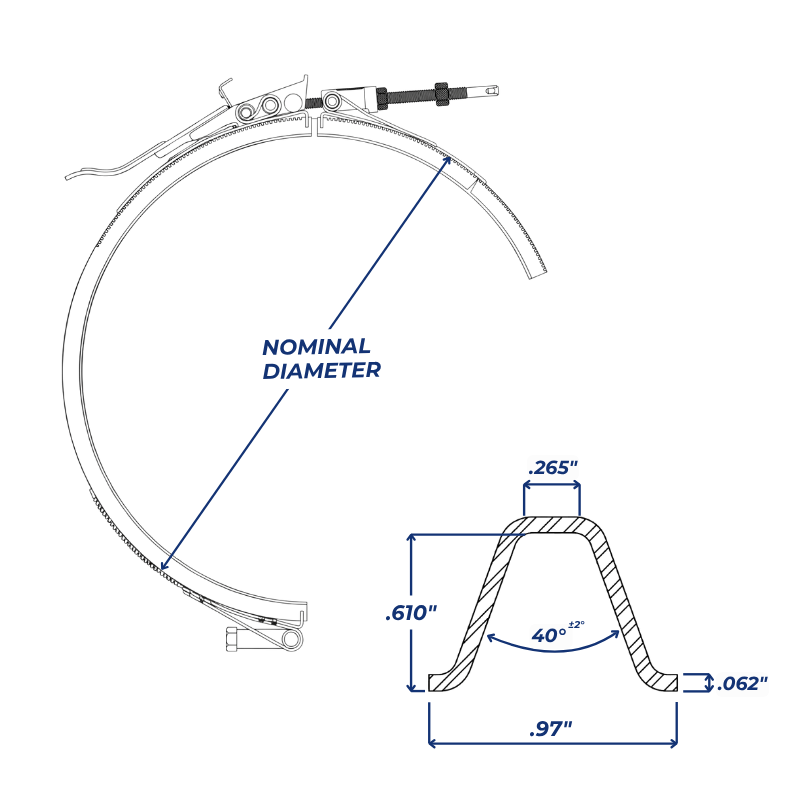 Technical drawing with details on measurements and fit of the quick-release clamp ring