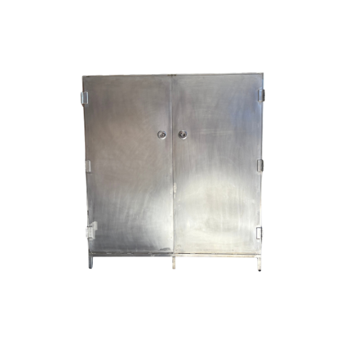 Stainless steel round vibratory screen cabinet with doors latched securely in place