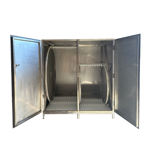 Vibratory replacement screen storage cabinet designed to keep spare screens organized, clean, and secure