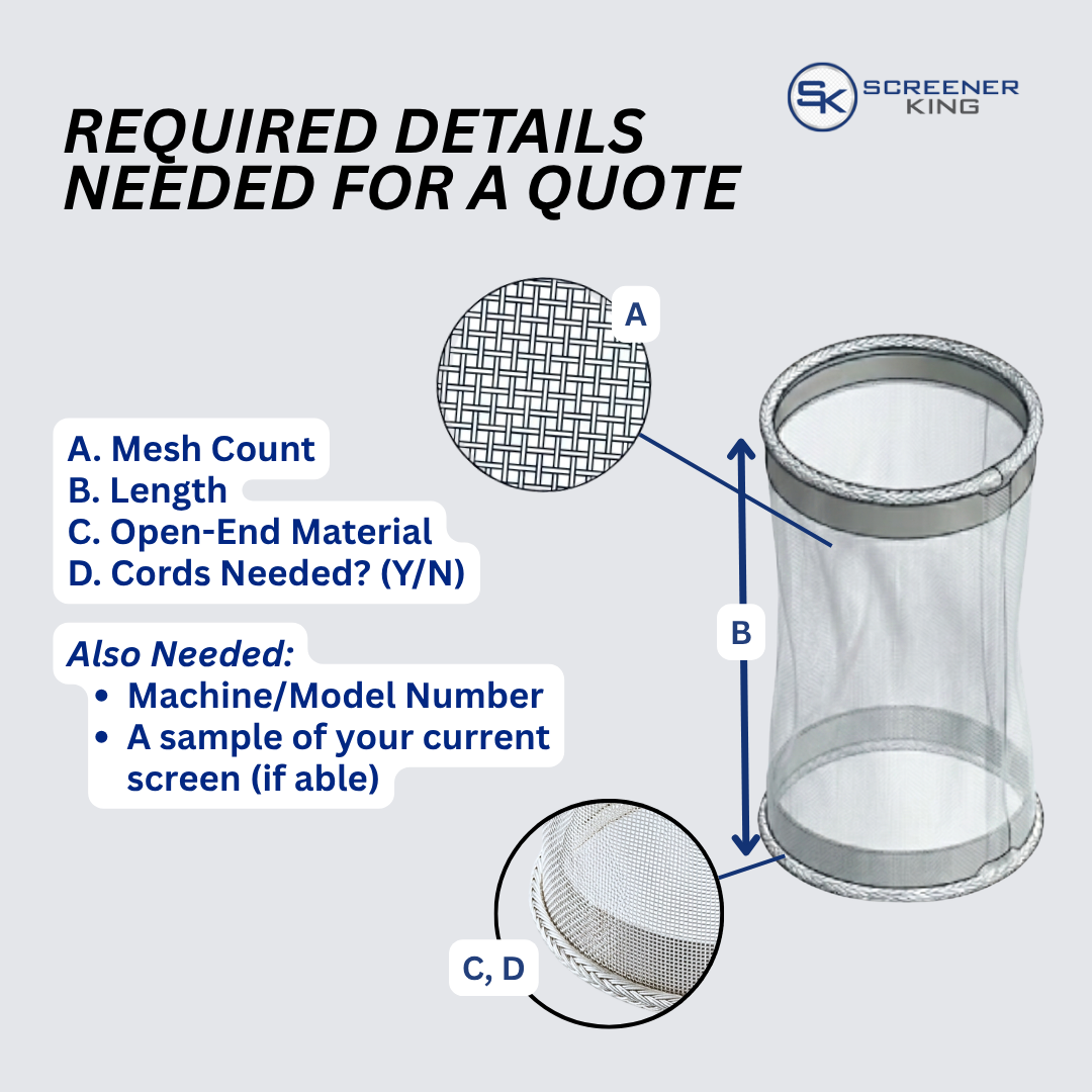 Diagram showing required details for a quote on Cylindrical Screens for ScreenerKing