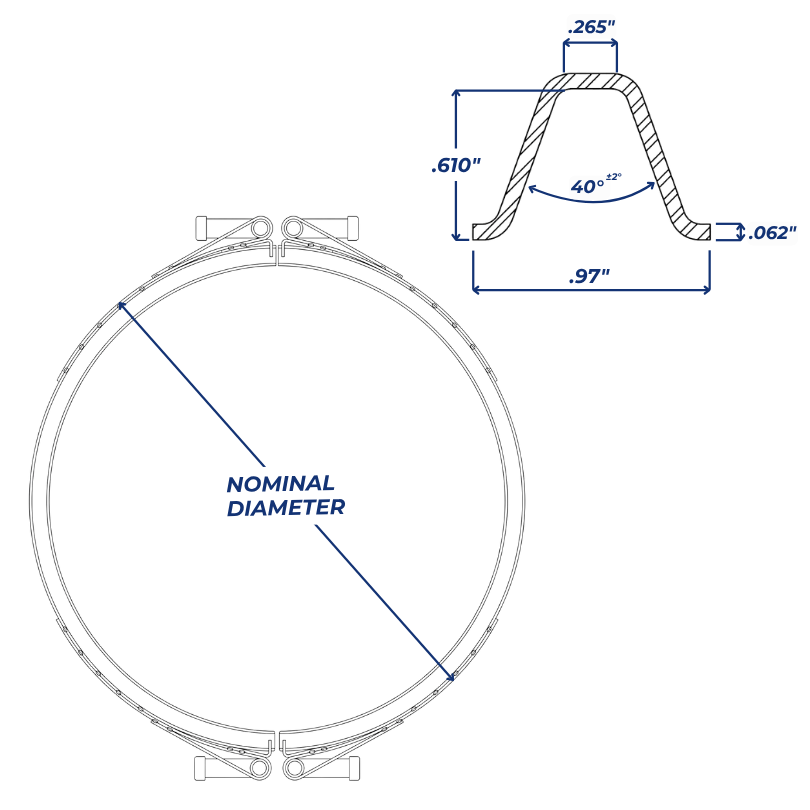 Technical drawing with details on measurements and fit of the bolt-on clamp ring