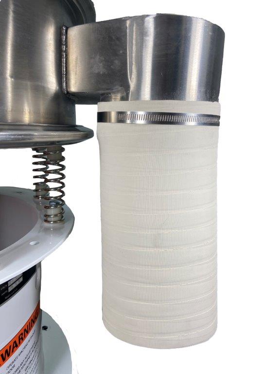 Gum rubber tubing connected to out-spout on a vibratory separator machine